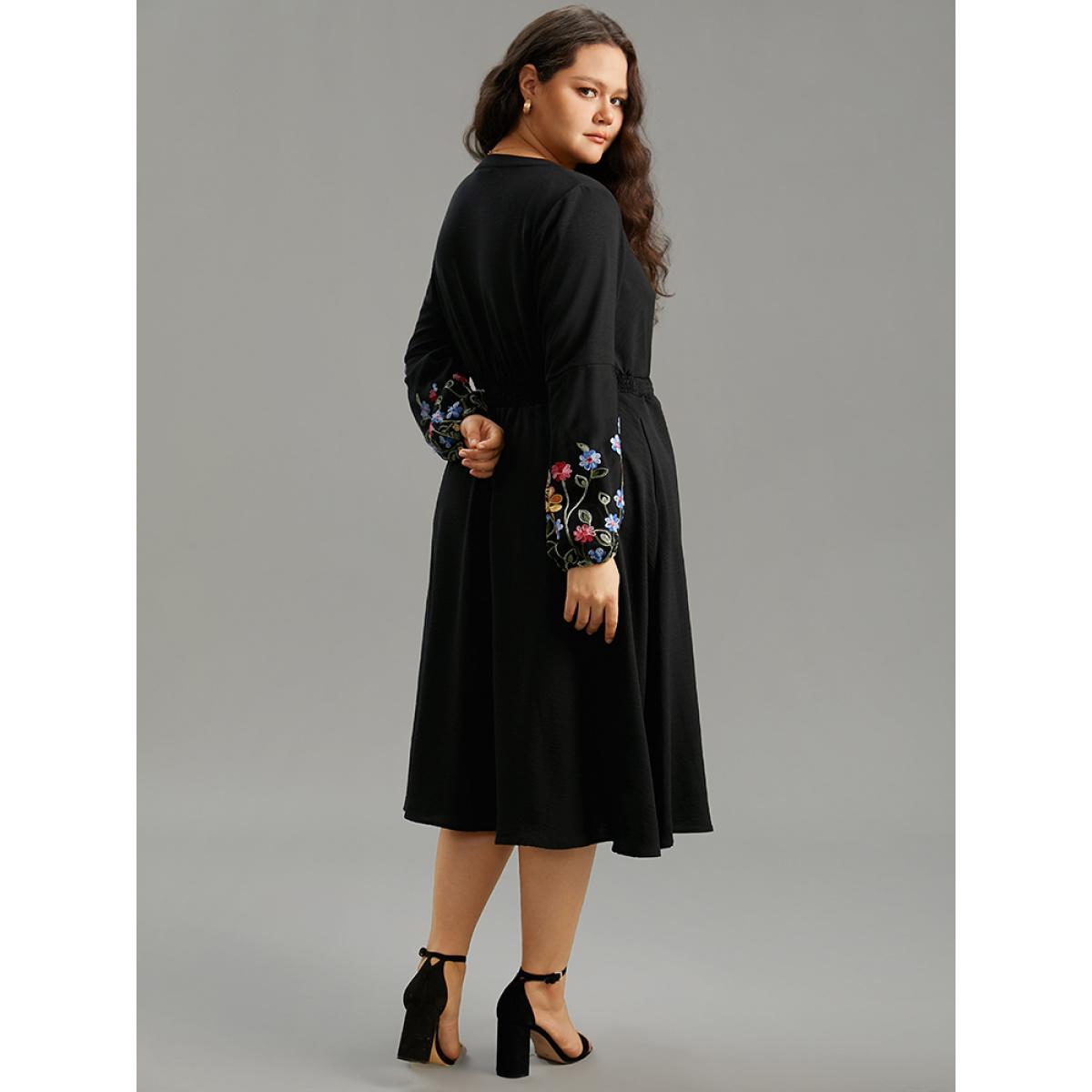 Plus Size Floral Embroidered Notched Midi Dress Black Women Elegant Elastic cuffs Notched collar Long Sleeve Curvy Midi Dress BloomChic 28/5X Product Image