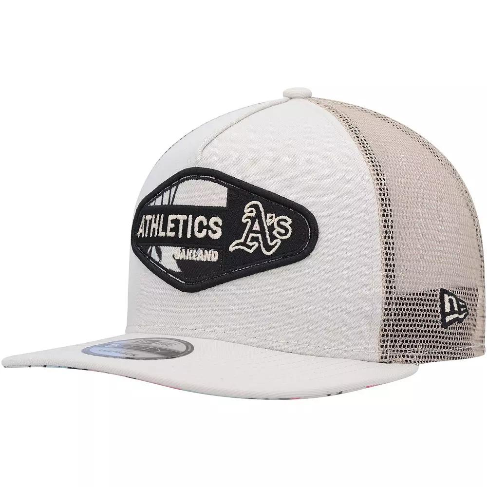 Men's New Era Natural Oakland Athletics Retro Beachin' Patch A-Frame Trucker 9FIFTY Snapback Hat, Beige Product Image