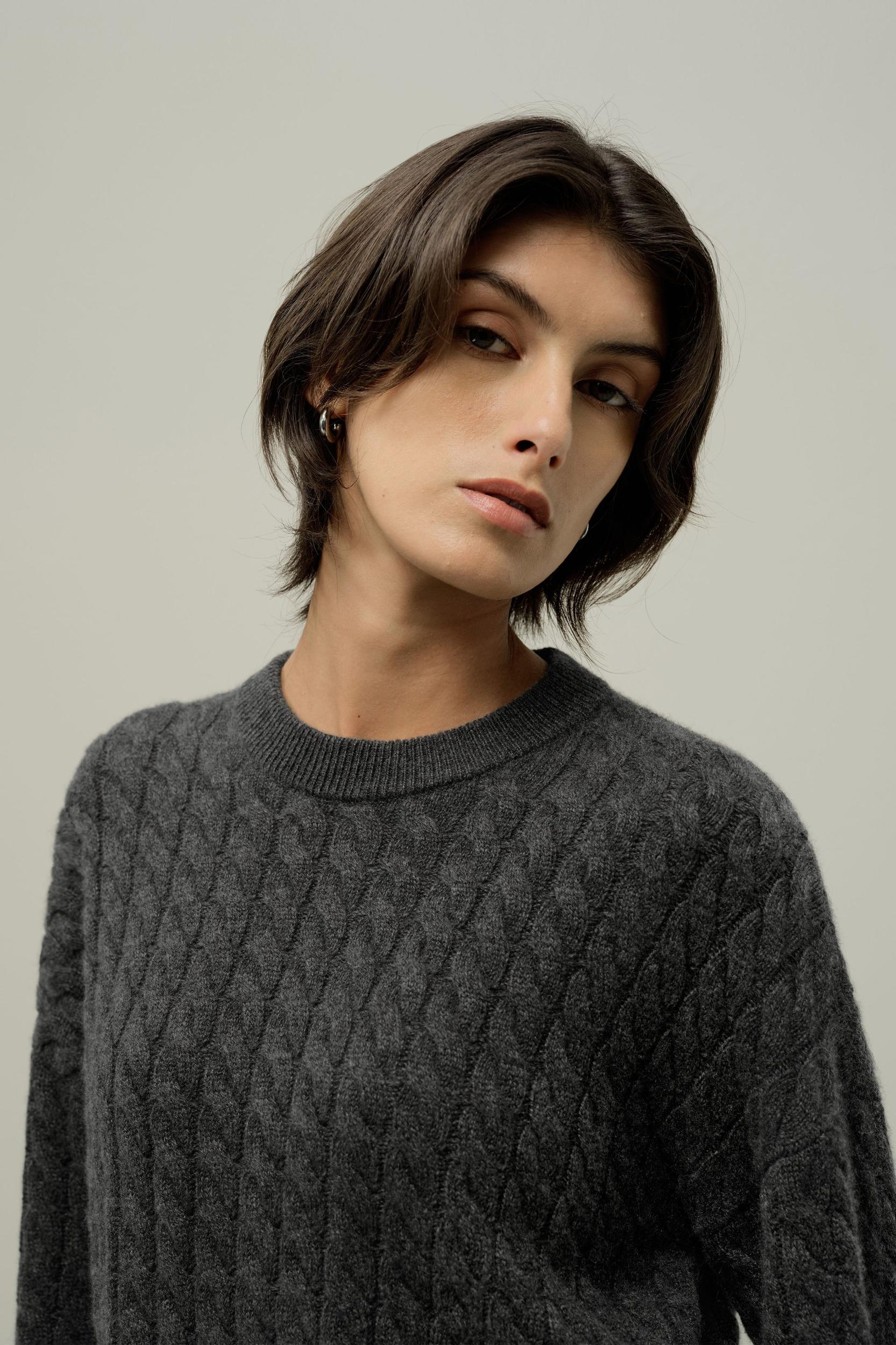 Round-Neck Cable-Knit Cashmere Sweater Product Image