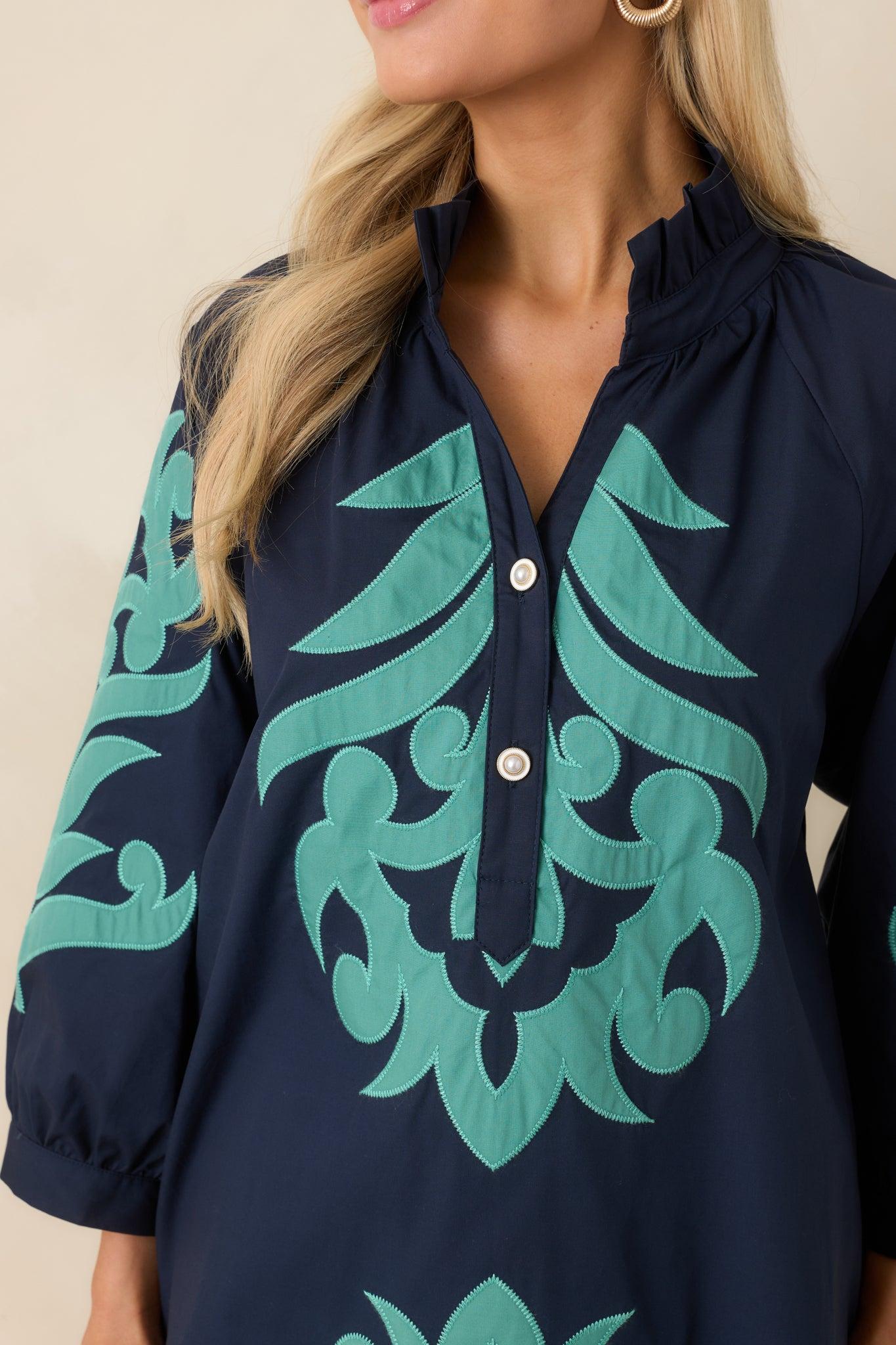Bold Impressions Navy & Aqua Contrast Detail Tunic Mini Dress Product Image