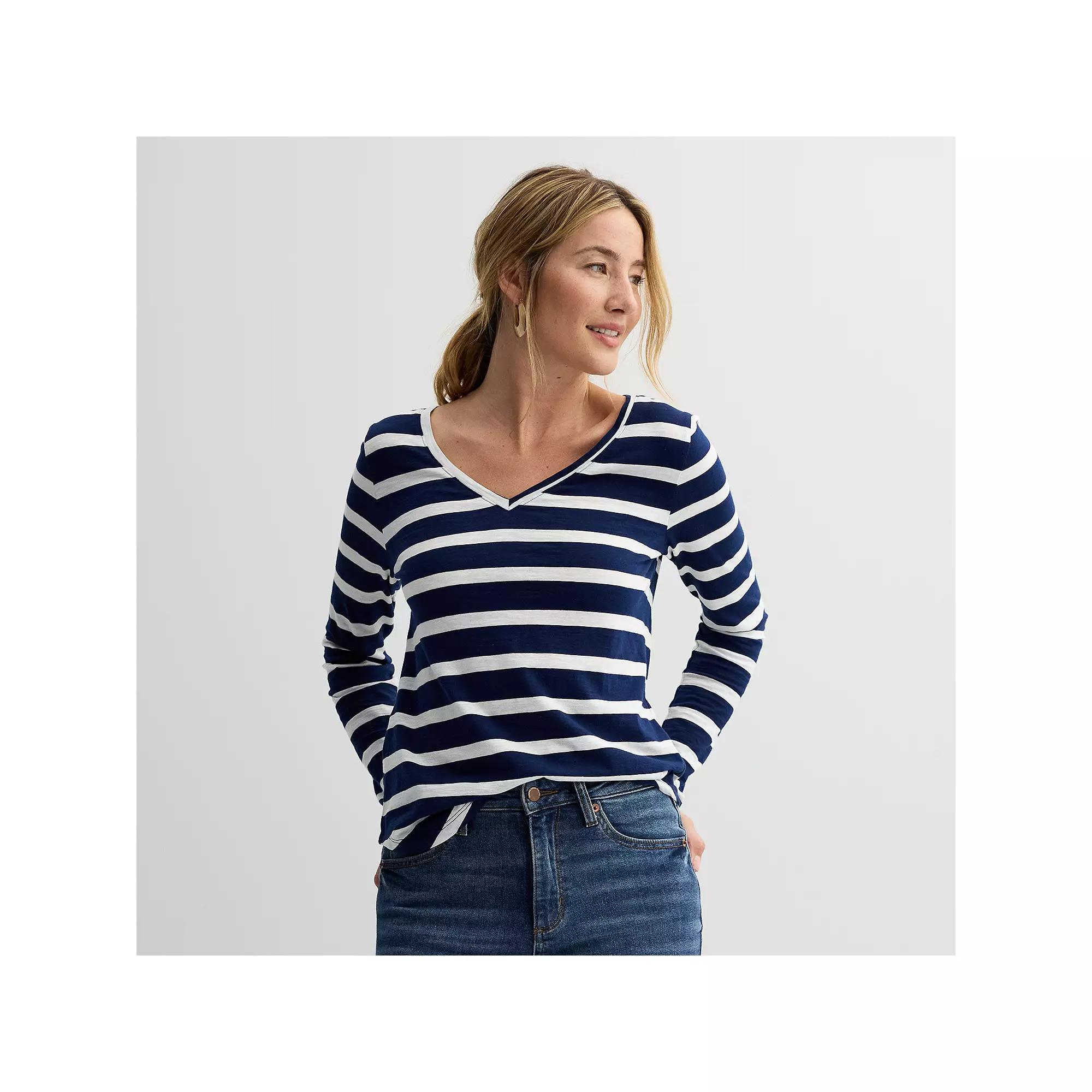 Women's Sonoma Goods For Life® Everyday Long Sleeve V-Neck Tee, Size: Small, Ivory Blue Stripe Product Image