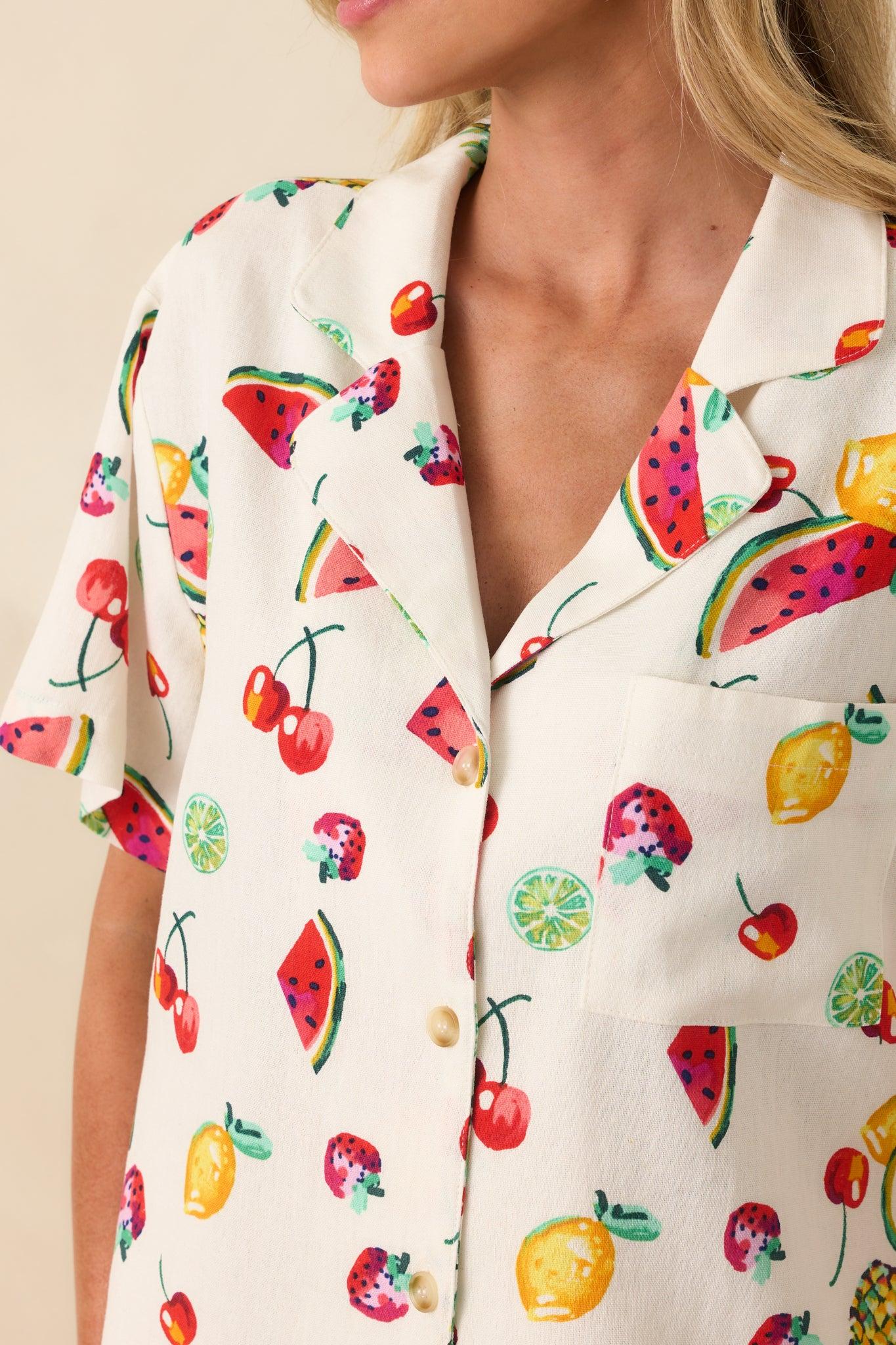 Just Like Before Ivory Multi Fruit Print Button Front Top Product Image