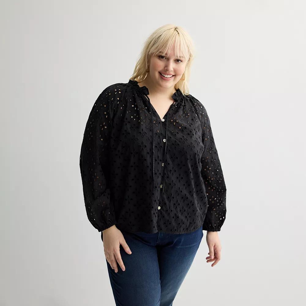 Plus Size Nine West Ruffle Collar Blouse, Women's, Size: 1XL, Mineral Black Product Image