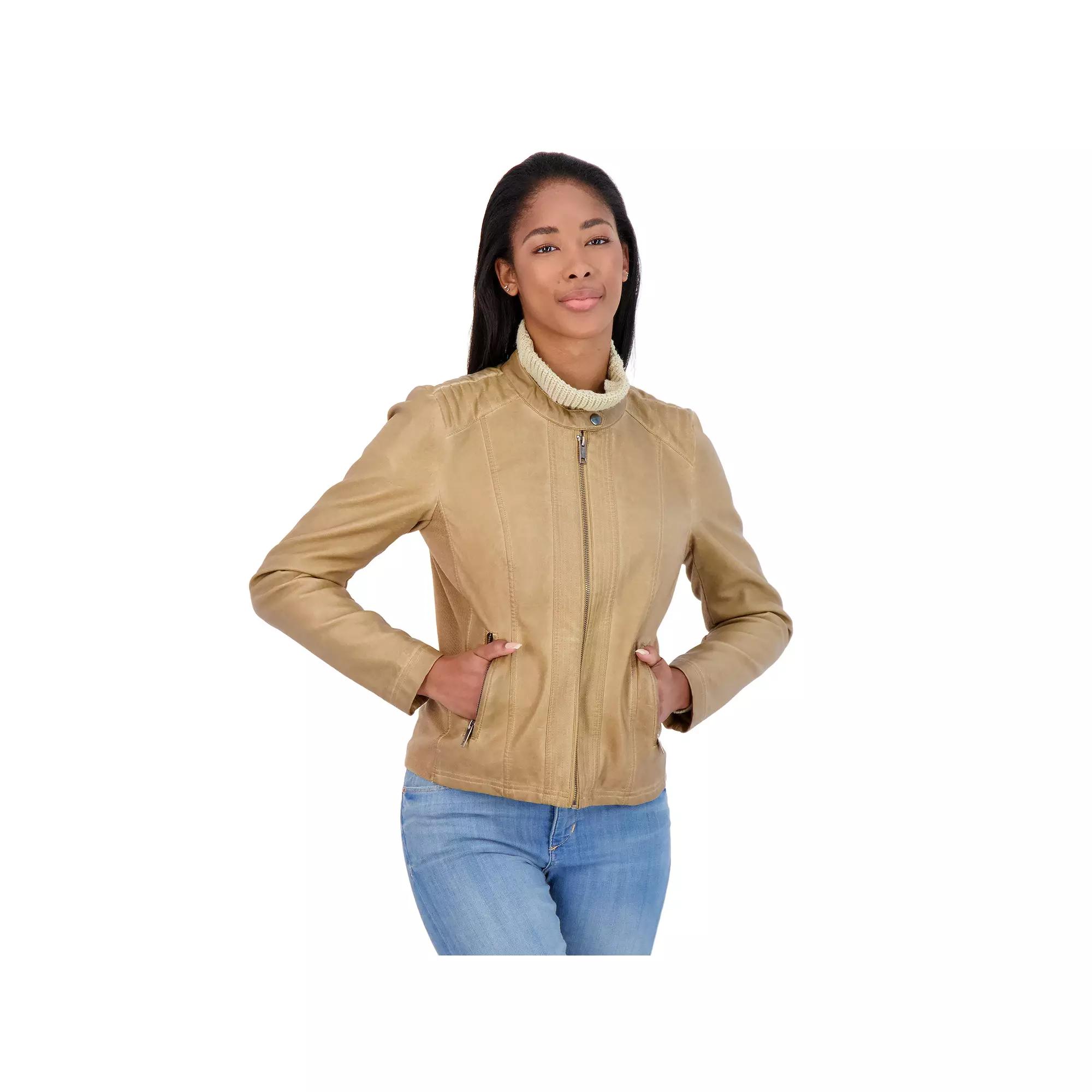 Women's Sebby Collection Faux-Leather Racing Jacket, Size: Medium, Toffee Product Image