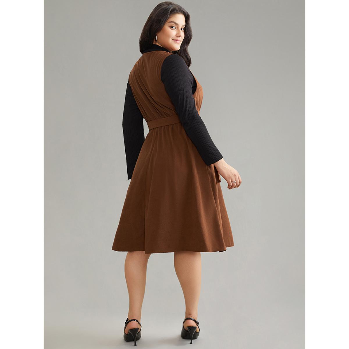 Plus Size Solid Belted Buckle Detail Flap Pocket Sleeveless Dress Bronze Women Office Plain V-neck Sleeveless Curvy Midi Dress BloomChic 26/4X Product Image