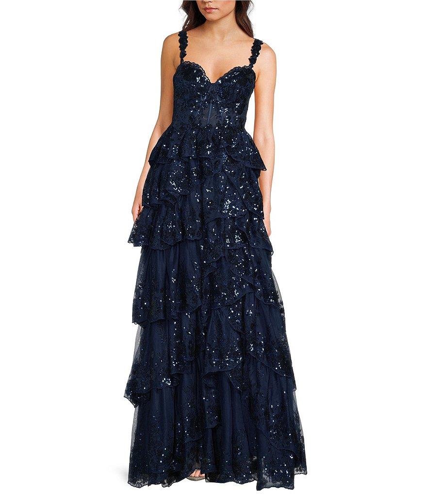 Blondie Nites Sequin Lace Sweetheart Neckline Ruffle Tiered Ball Gown Product Image
