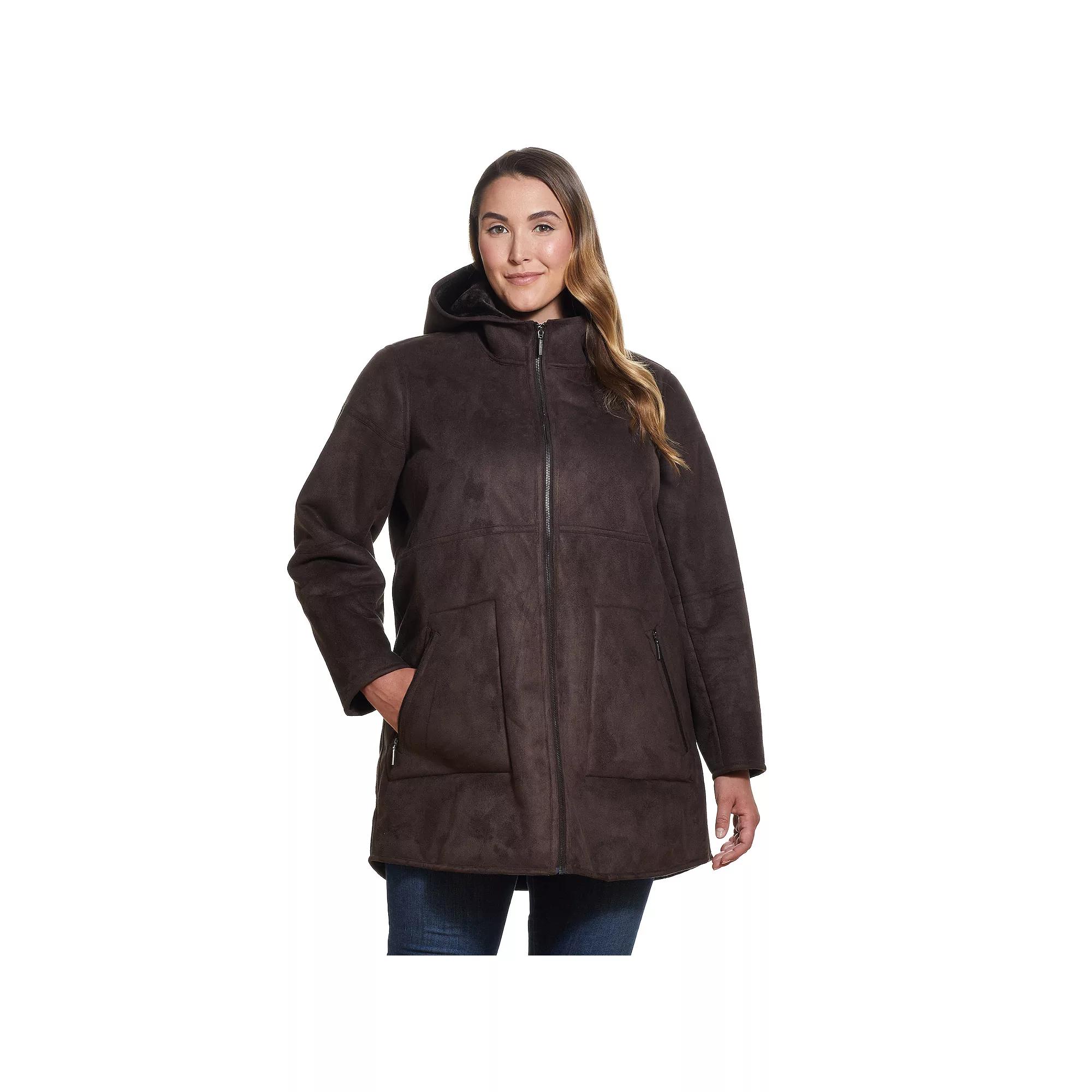 Plus Size Weathercast Hooded Midweight Faux-Shearling Coat, Women's, Size: 2XL, Brown Product Image