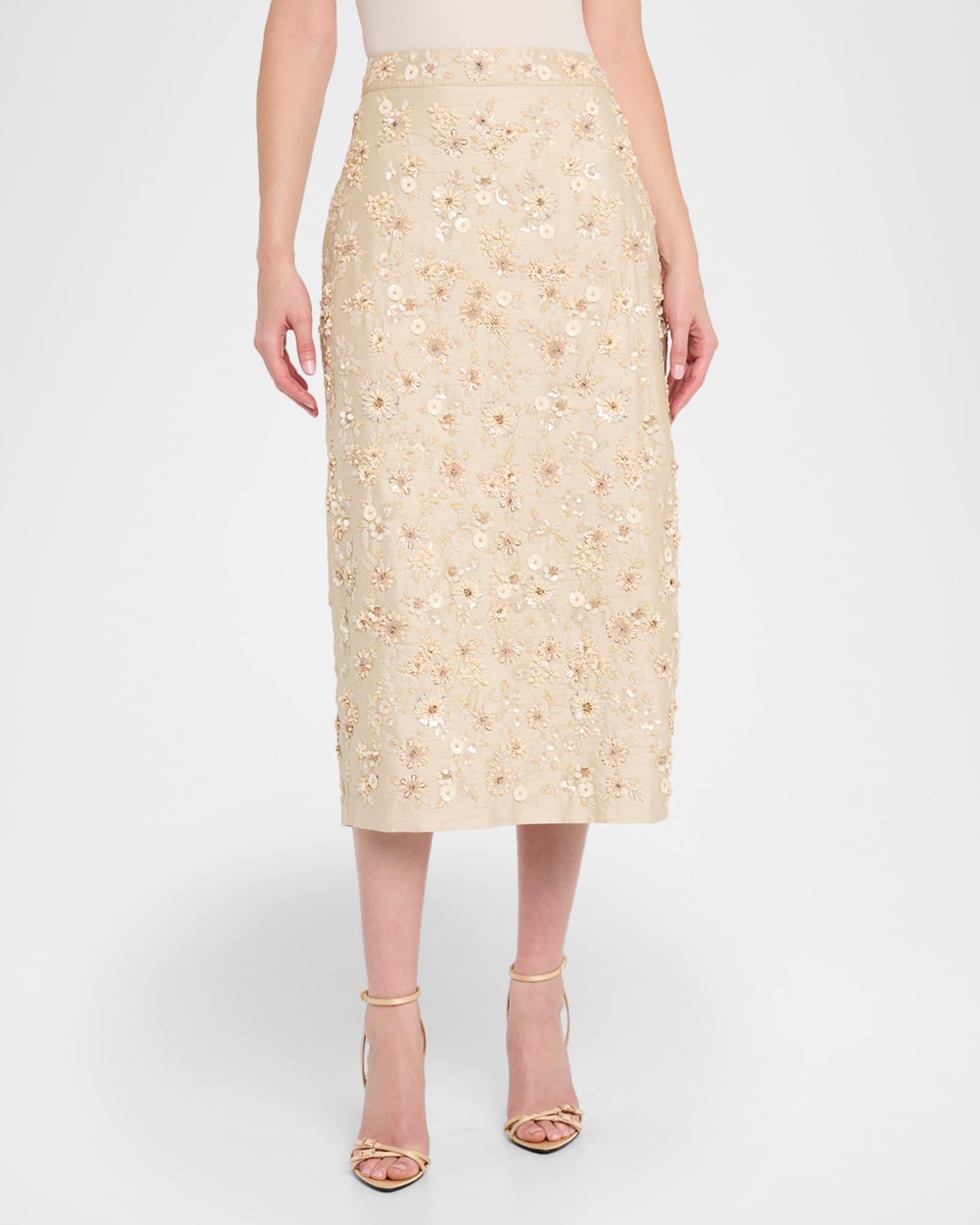 Floral Embroidered Silk Midi Skirt Product Image