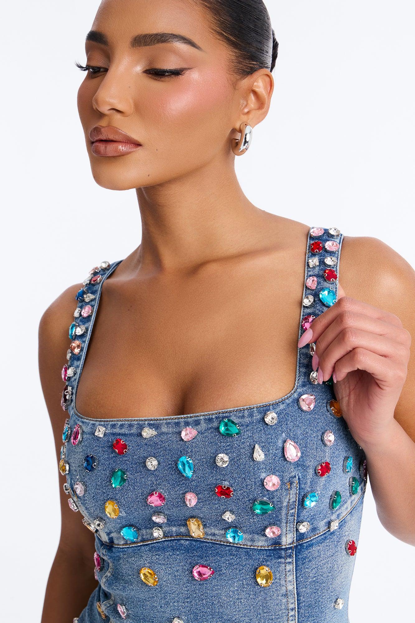 What A Gem Rhinestone Denim Mini Dress - Denim Female Product Image