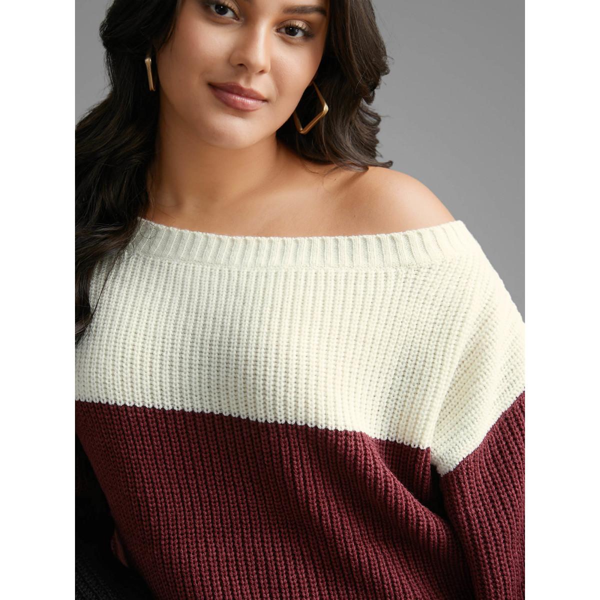 Plus Size Boat Neck Colorblock Contrast Pullover Scarlet Women Casual Loose Long Sleeve Boat Neck Everyday Pullovers BloomChic 30/6X Product Image