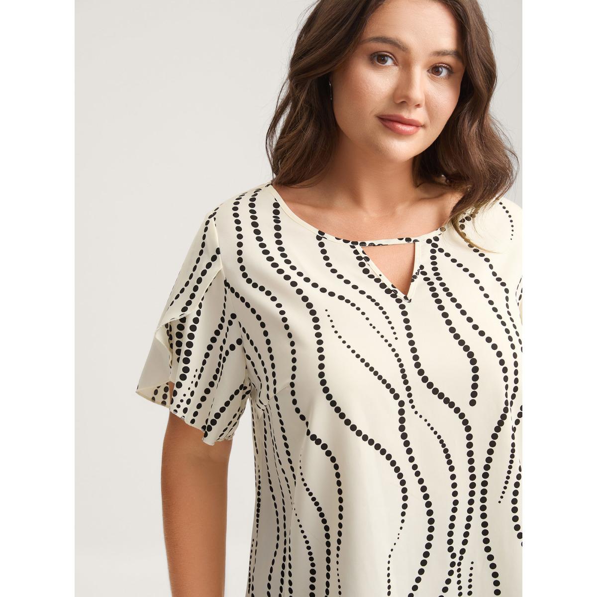 Plus Size Ivory Irregular Dots Print Petal Sleeve Blouse Women Short sleeve Notched collar Work Blouses BloomChic 22-24/3X Product Image