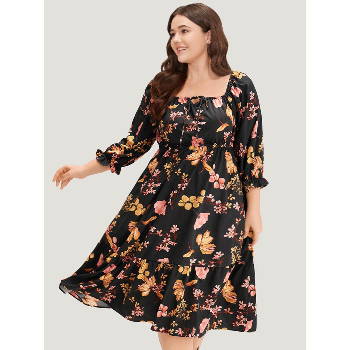 Plus Size Floral Print Bowknot Flutter Trim Tiered Dress Black Women Elegant Gathered Square Neck Elbow-length sleeve Curvy Midi Dress BloomChic 26/4X Product Image