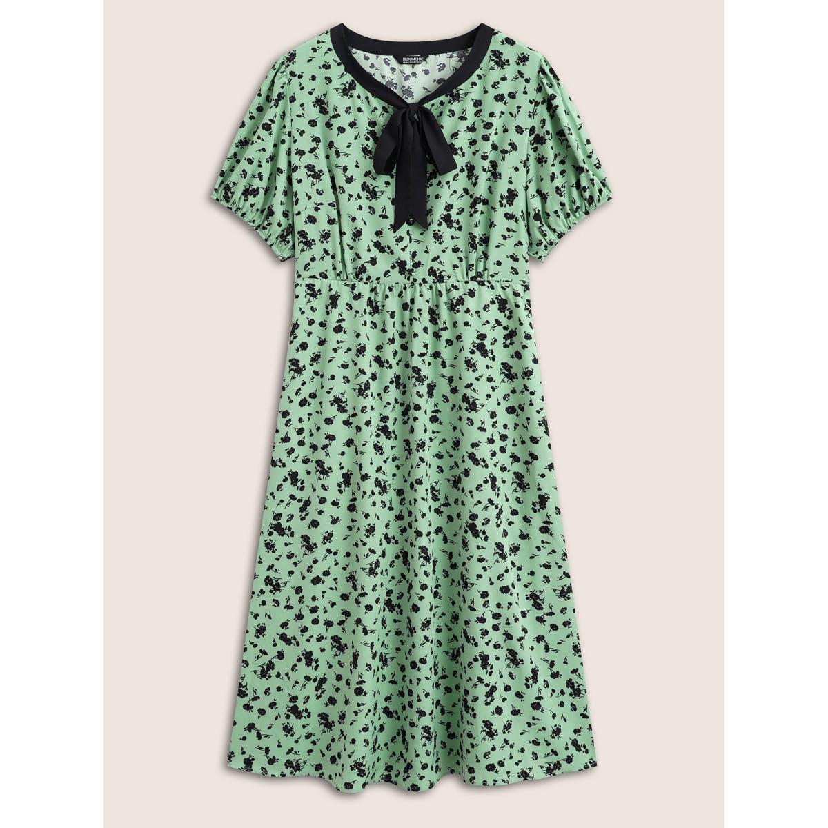 Plus Size Floral A-line Midi Dress Palemauve Women Elegant Tie knot Round Neck Short sleeve Curvy BloomChic 22-24/3X Product Image