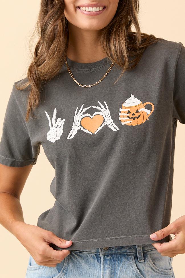Peace, Love, and Pumpkin Spice Latte Dark Grey Boxy Graphic Tee Product Image