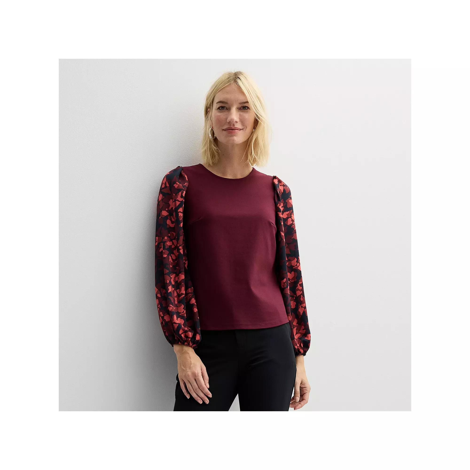 Petite Nine West Puff-Sleeve Mixed Media Top, Women's, Size: XS Petite, Pink Foliage Abstract Product Image