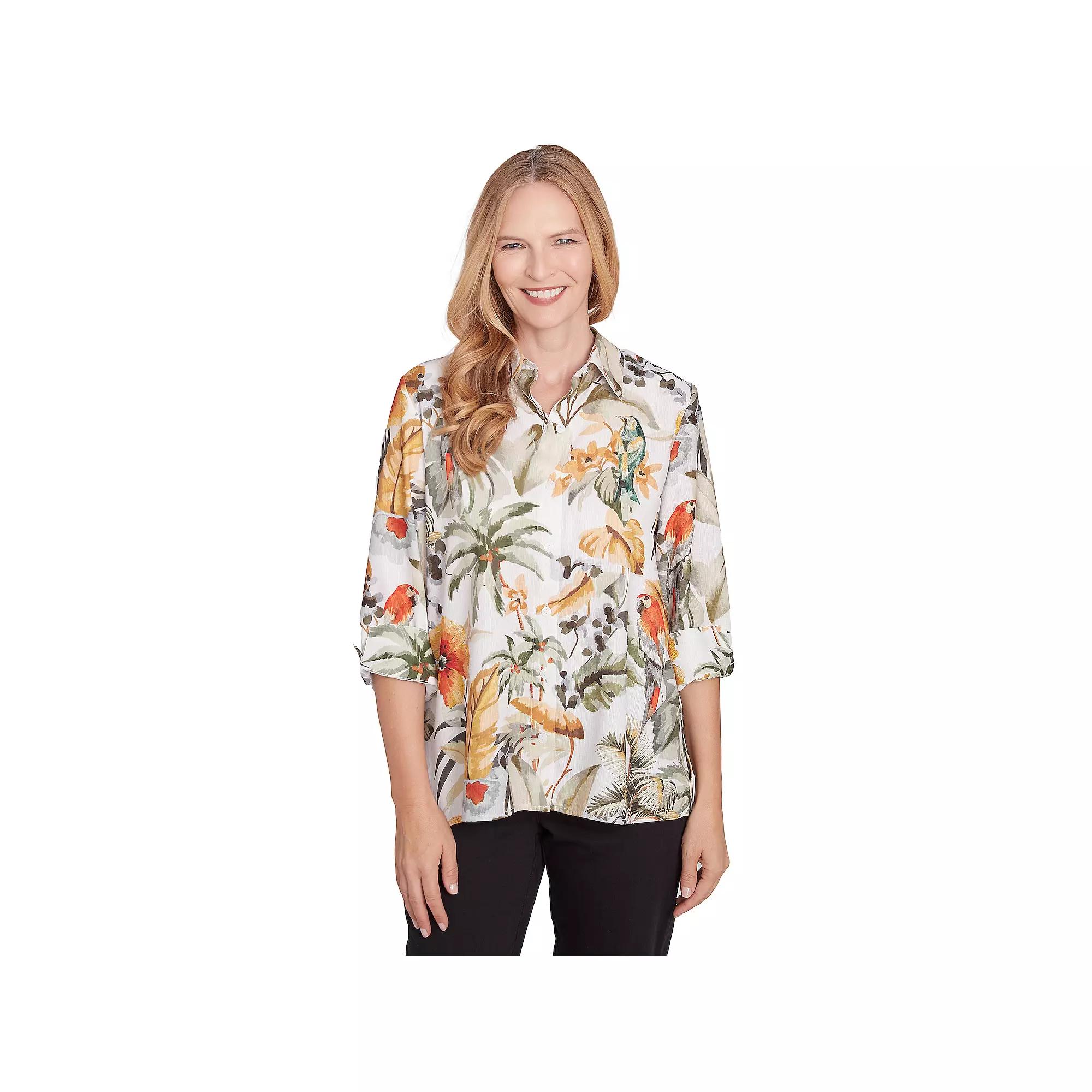 Petite Alfred Dunner Tropical Bird Button Down Shirt, Women's,  Product Image