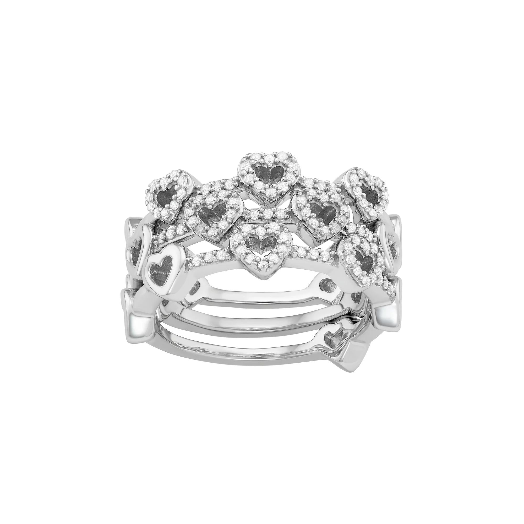 Jewelexcess Sterling Silver 1/3 Carat T.W. Diamond Heart Stack Ring Set, Women's, Size: 7, Silver Tone Product Image