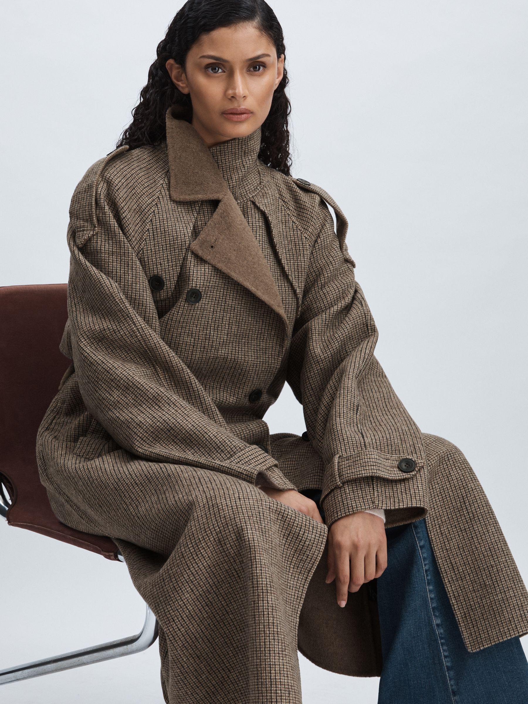 Meotine Beige Check Wool-Blend Houndstooth-Check Trench Coat in Beige Check Product Image