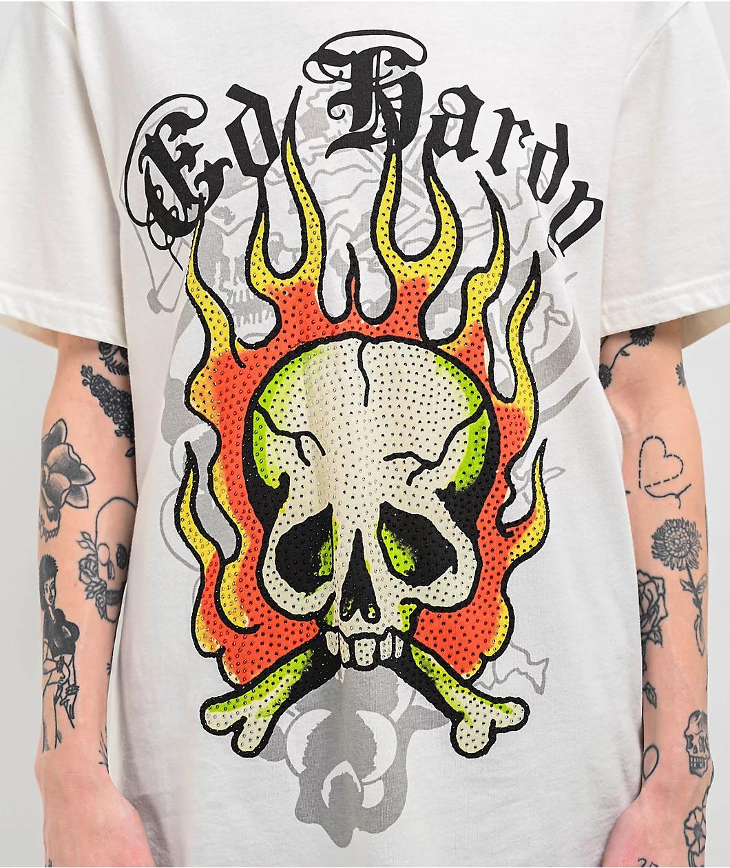 Ed Hardy Flame Skull White T-Shirt Product Image