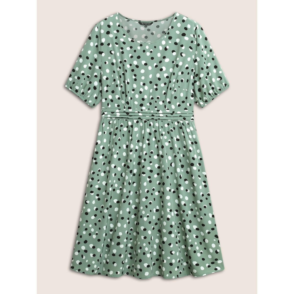 Plus Size Allover Print Pleated Lantern Sleeve Dress Sage Women Elegant Non Round Neck Short sleeve Curvy Midi Dress BloomChic 30/6X Product Image