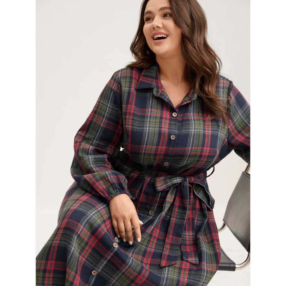 Plus Size Plaid Button Detail Pocket Belted Arc Hem Dress DarkBlue Women Leisure Pocket Shirt collar Long Sleeve Curvy Midi Dress BloomChic 28/5X Product Image
