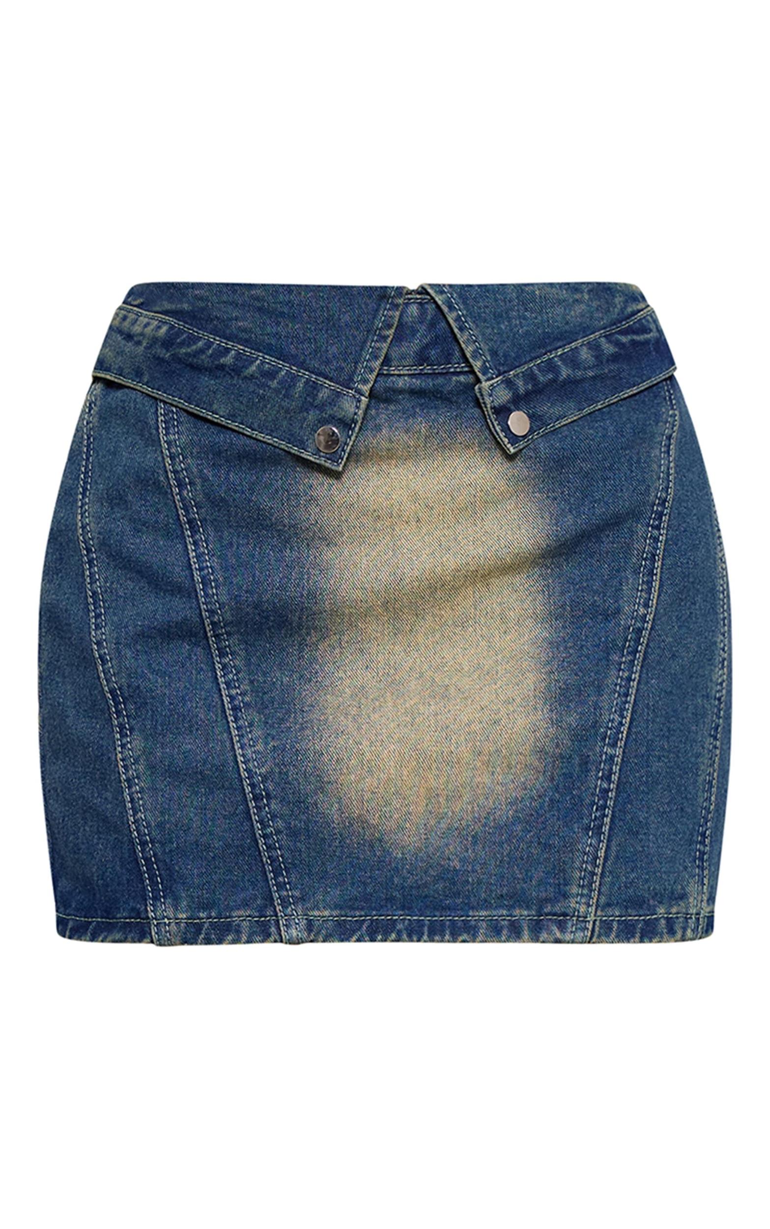 Petite Indigo Vintage Wash Denim Fold Over Mini Skirt Product Image