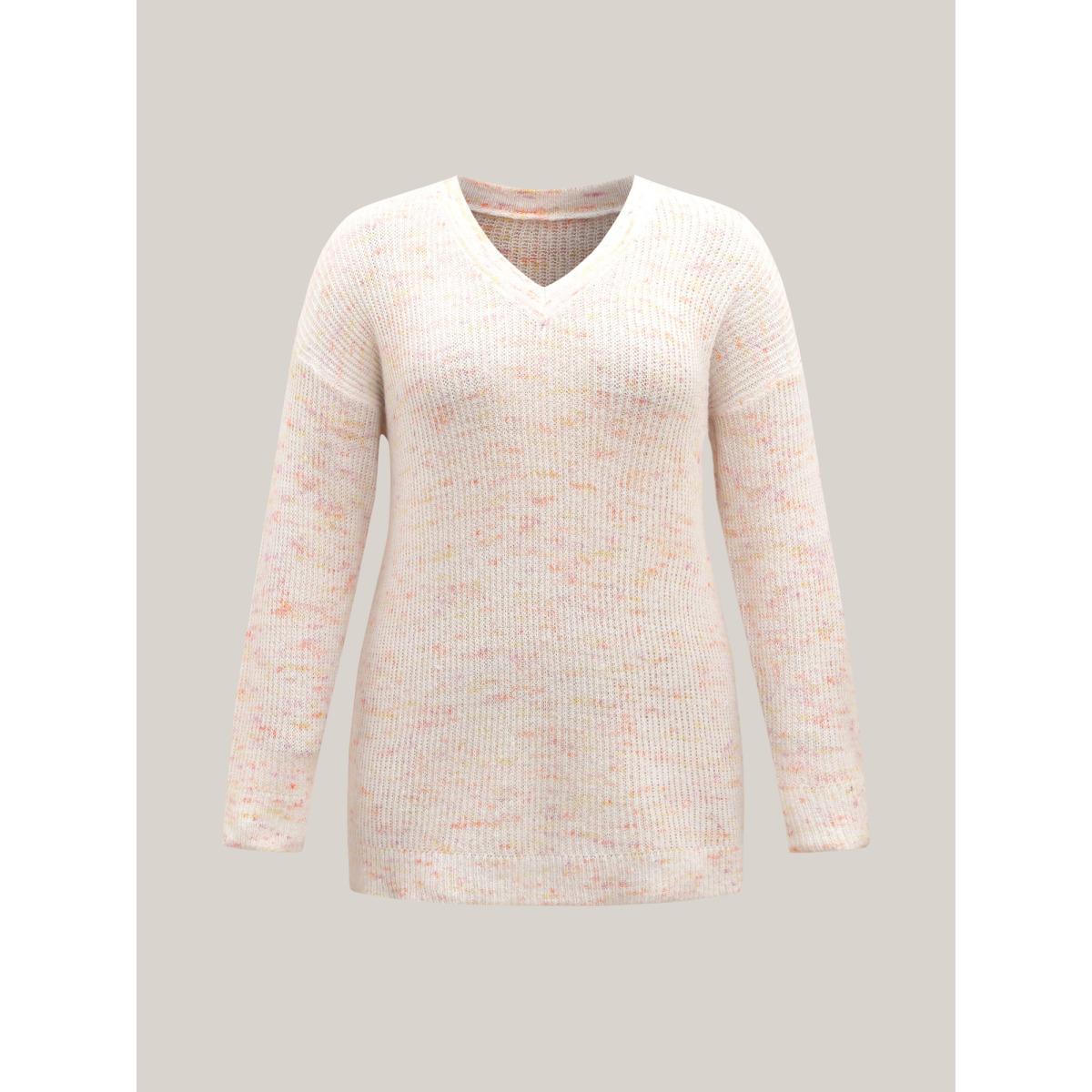 Plus Size Ribbed Texture V-Neck Fitted Pullover Ivory Women Casual Loose Long Sleeve V-neck Everyday Pullovers BloomChic 12/L Product Image