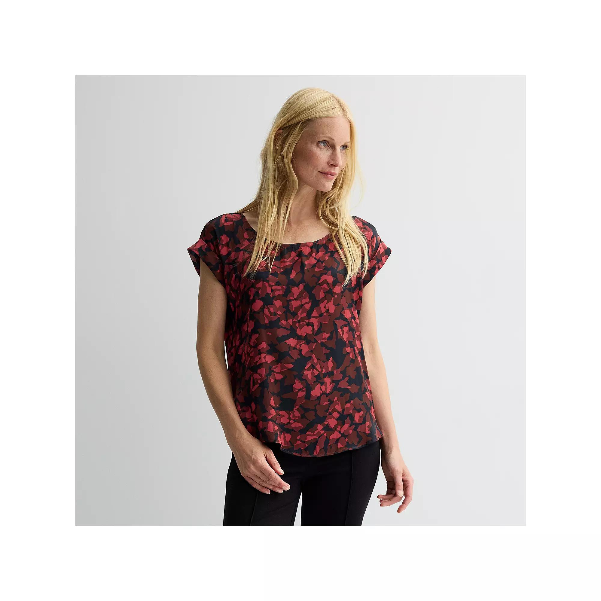 Women's Nine West Roll Cuff Woven Tee, Size: XXL, Blue Foliage Abstract Product Image