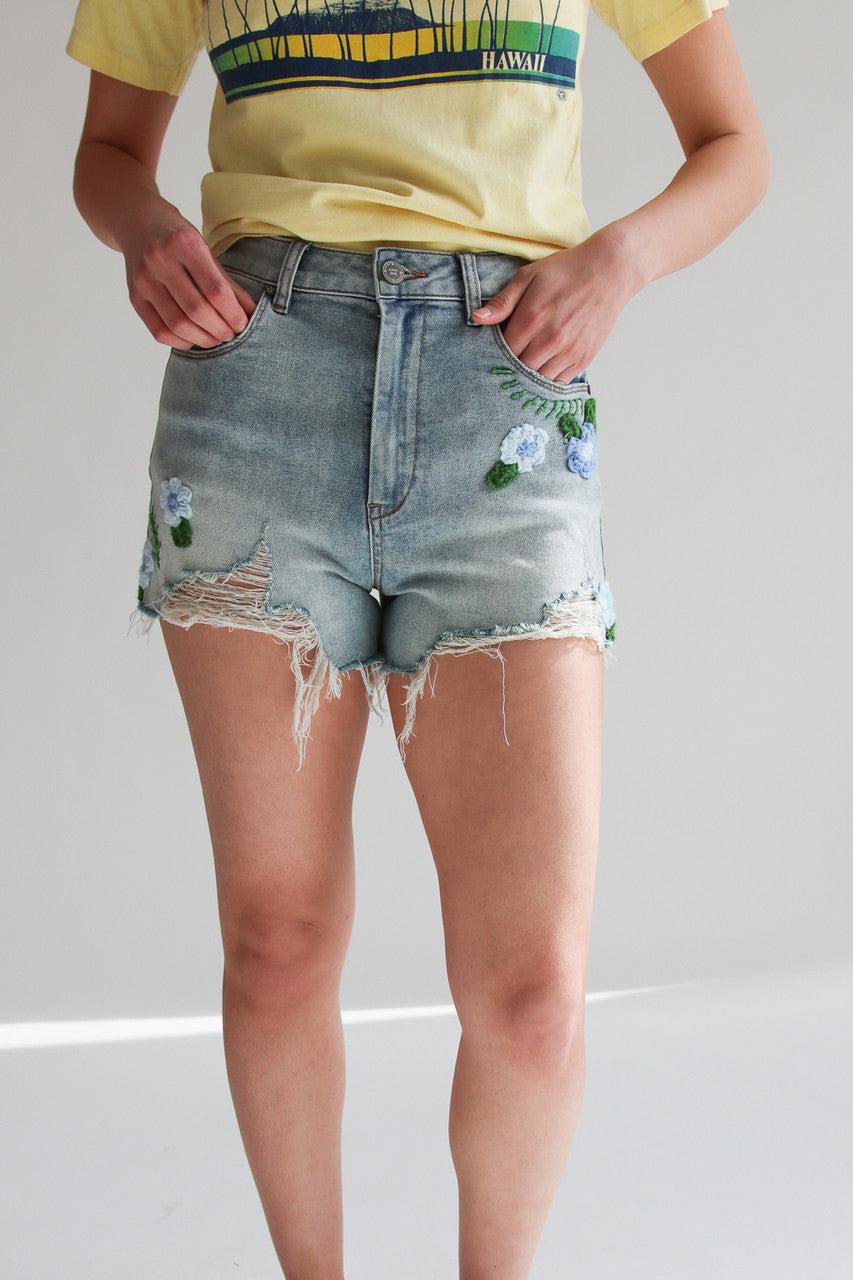 Crochet Flowers Cut Off Shorts Product Image