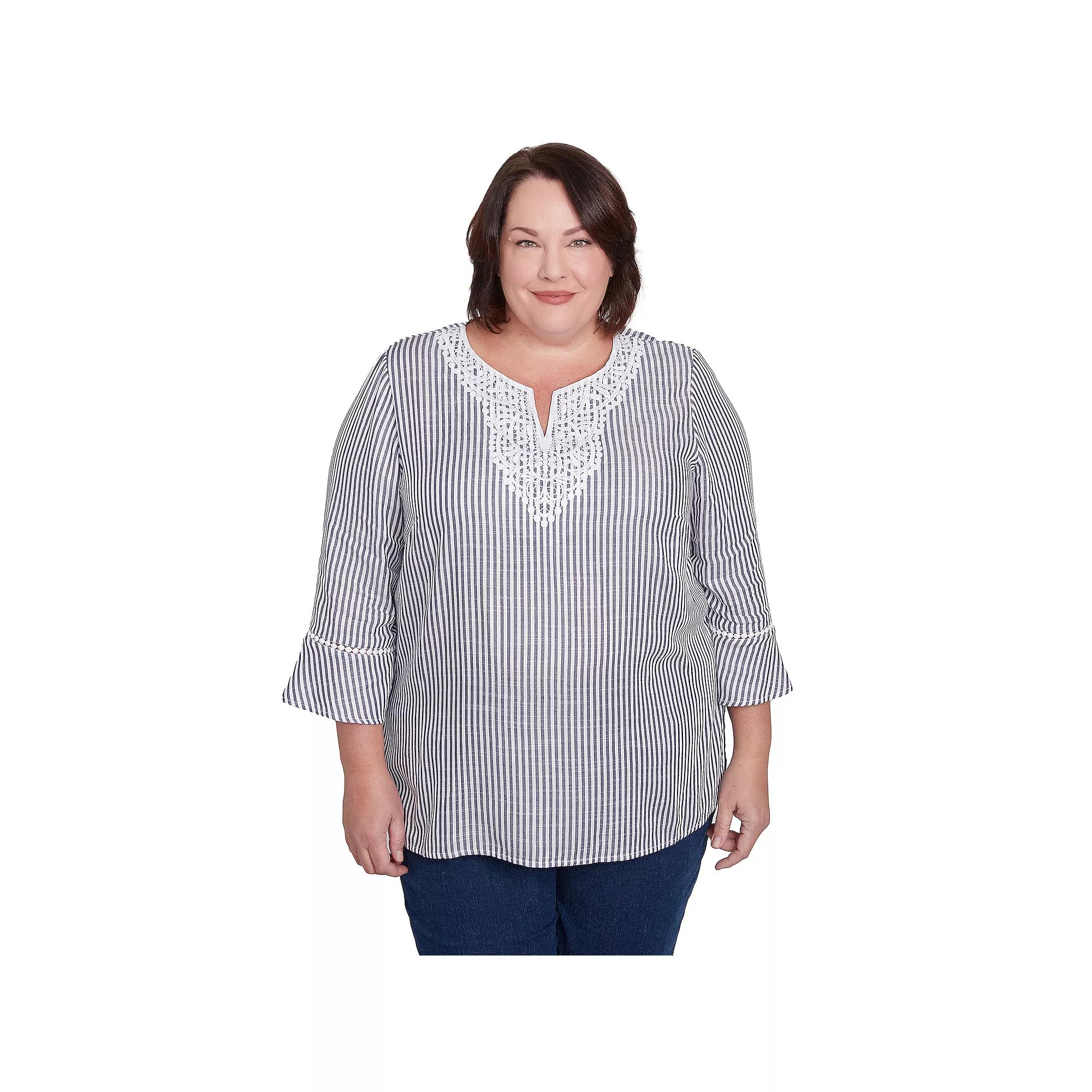 Plus Size Alfred Dunner Embroidered Splitneck Striped Top, Women's, Size: 3XL, Black And White Product Image