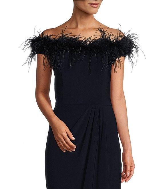 Alex Evenings Stretch Matte Jersey Feather Off-the-Shoulder Cap Sleeve Ruched Front Slit Gown Product Image