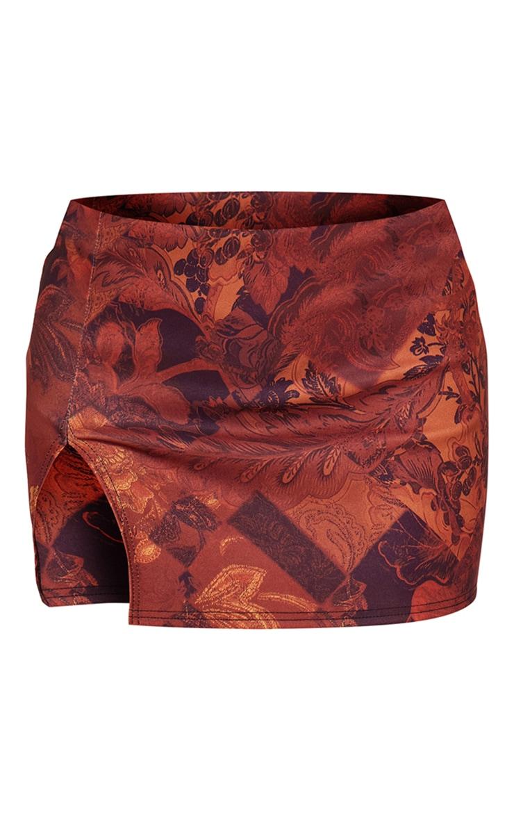 Brown Paisley Print Stretch Woven Extreme Split Hem Micro Mini Skirt Product Image