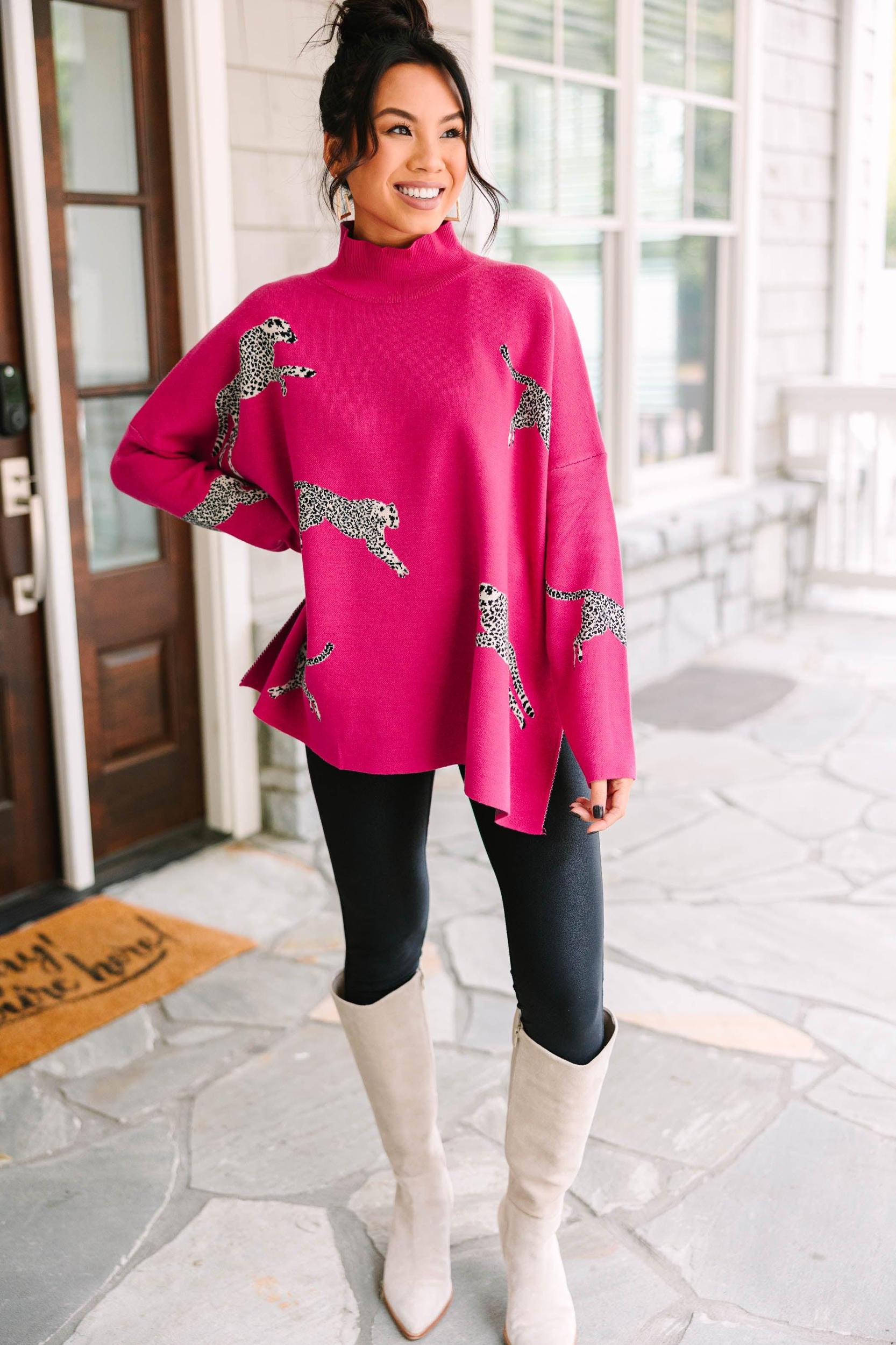 Quick Decisions Hot Pink Cheetah Sweater Female Product Image
