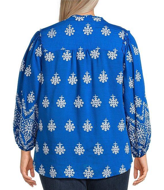 Calessa Plus Size Embroidered Split V-Neck Long Sleeve Button Front Tunic Product Image
