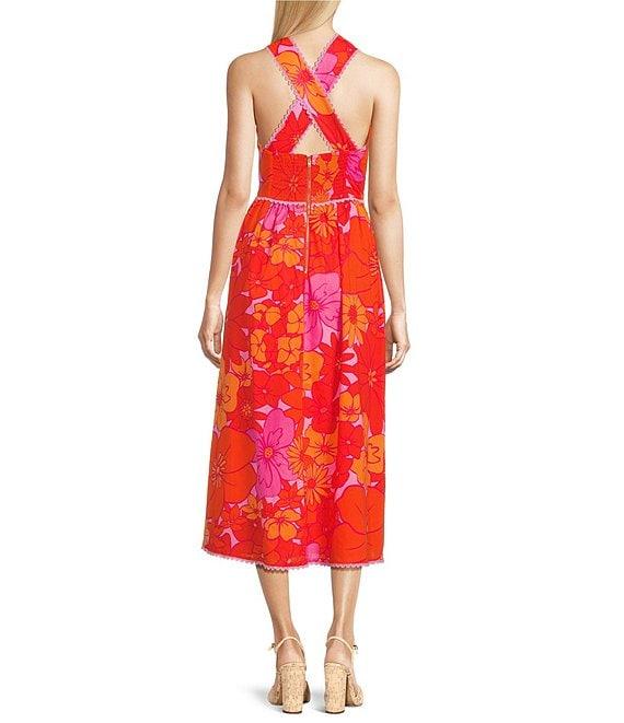 J.Marie Floral V-Neck Sleeveless Ric Rac Trim Midi A-Line Dress Product Image