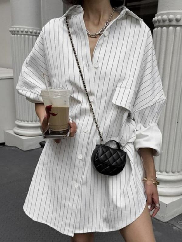 Long Sleeves Loose Buttoned Striped Lapel Blouses&Shirts Tops Product Image