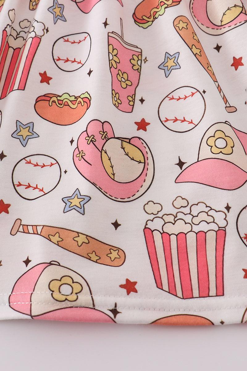 Pink baseball print gingham ruffle shorts set Product Image