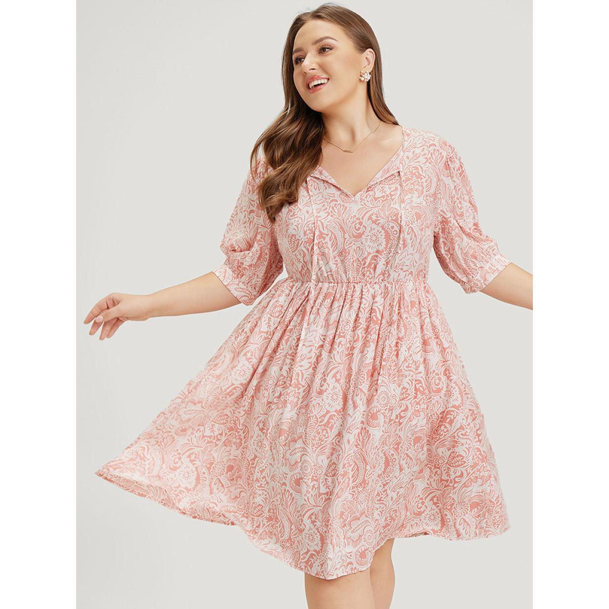 Plus Size Floral Puff Sleeve Pocket Flutter Keyhole Knot Neck Dress Coral Women Vacation Ruffles Tie Neck Short sleeve Curvy Knee Dress BloomChic 14-16/1X Product Image