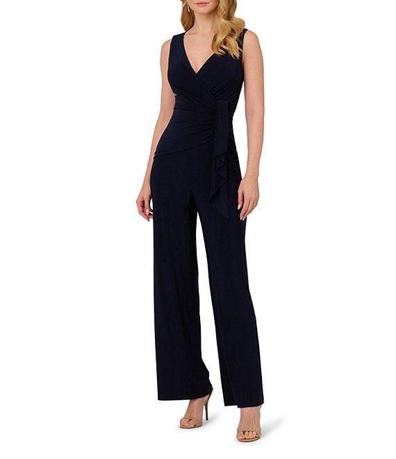Adrianna Papell V-Neck Sleeveless Draped Side Tie Jersey Jumpsuit Product Image