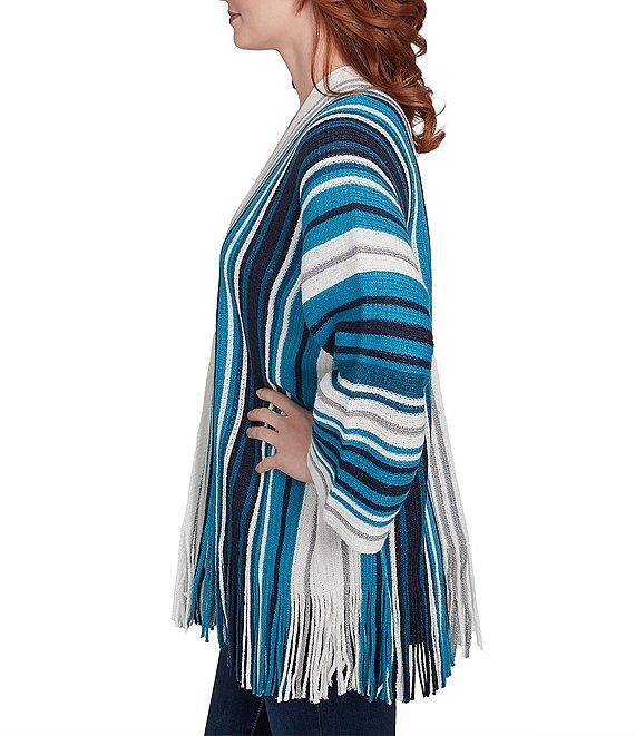 Ruby Rd. Metallic Striped Long Sleeve Fringed Hem Open-Front Car Sweater Product Image