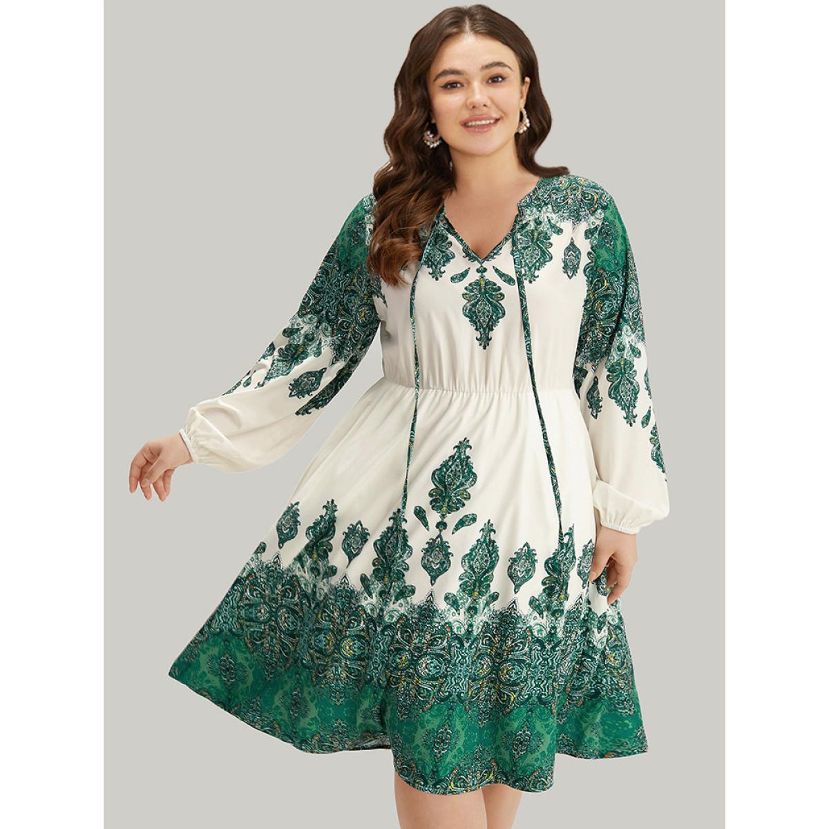 Plus Size Bandana Print Tie Neck Lantern Sleeve Dress Green Women Vacation Elastic cuffs Notched collar Long Sleeve Curvy Midi Dress BloomChic 30/6X Product Image