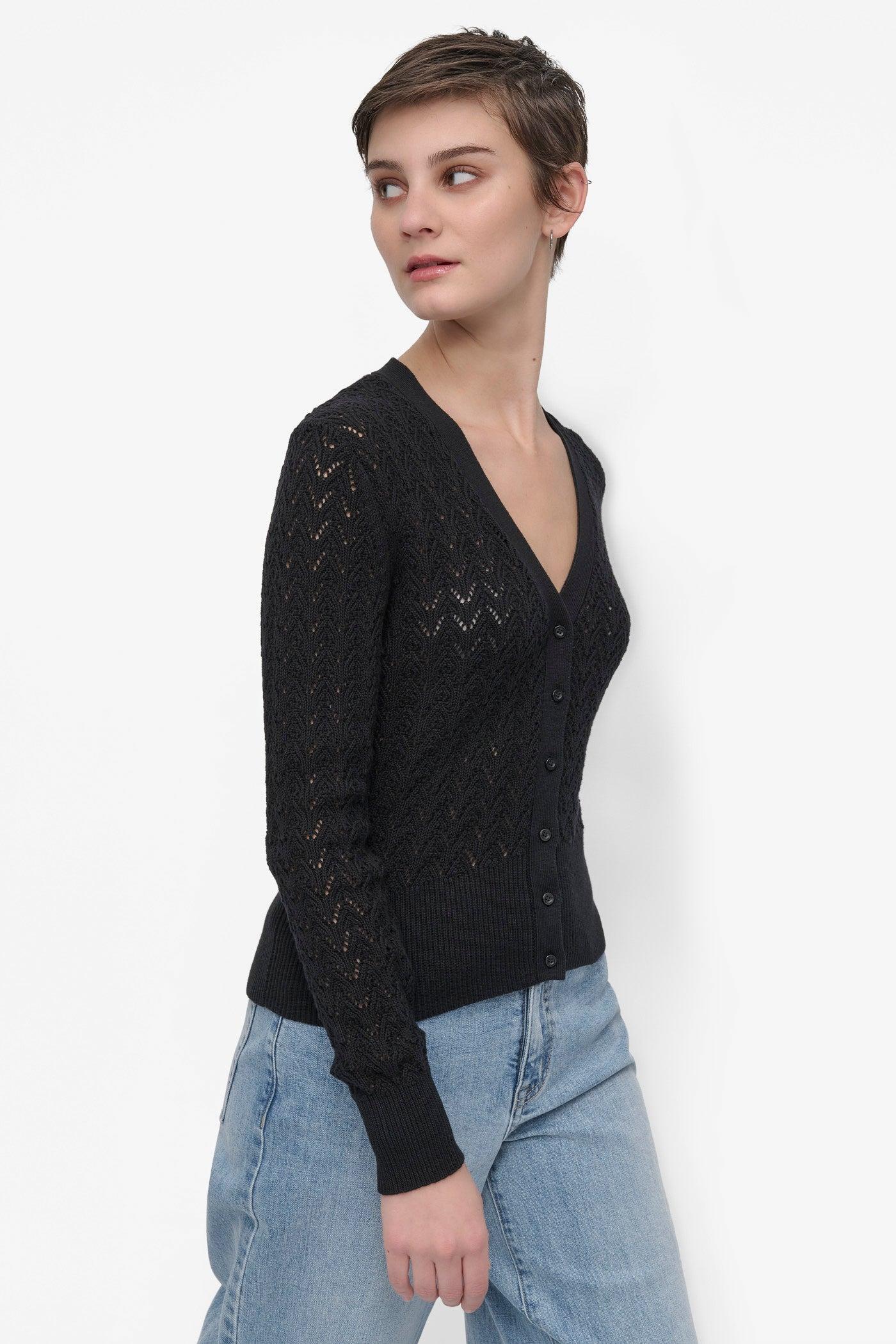 LONG SLEEVE POINTELLE STITCH V NECK CARDIGAN Product Image