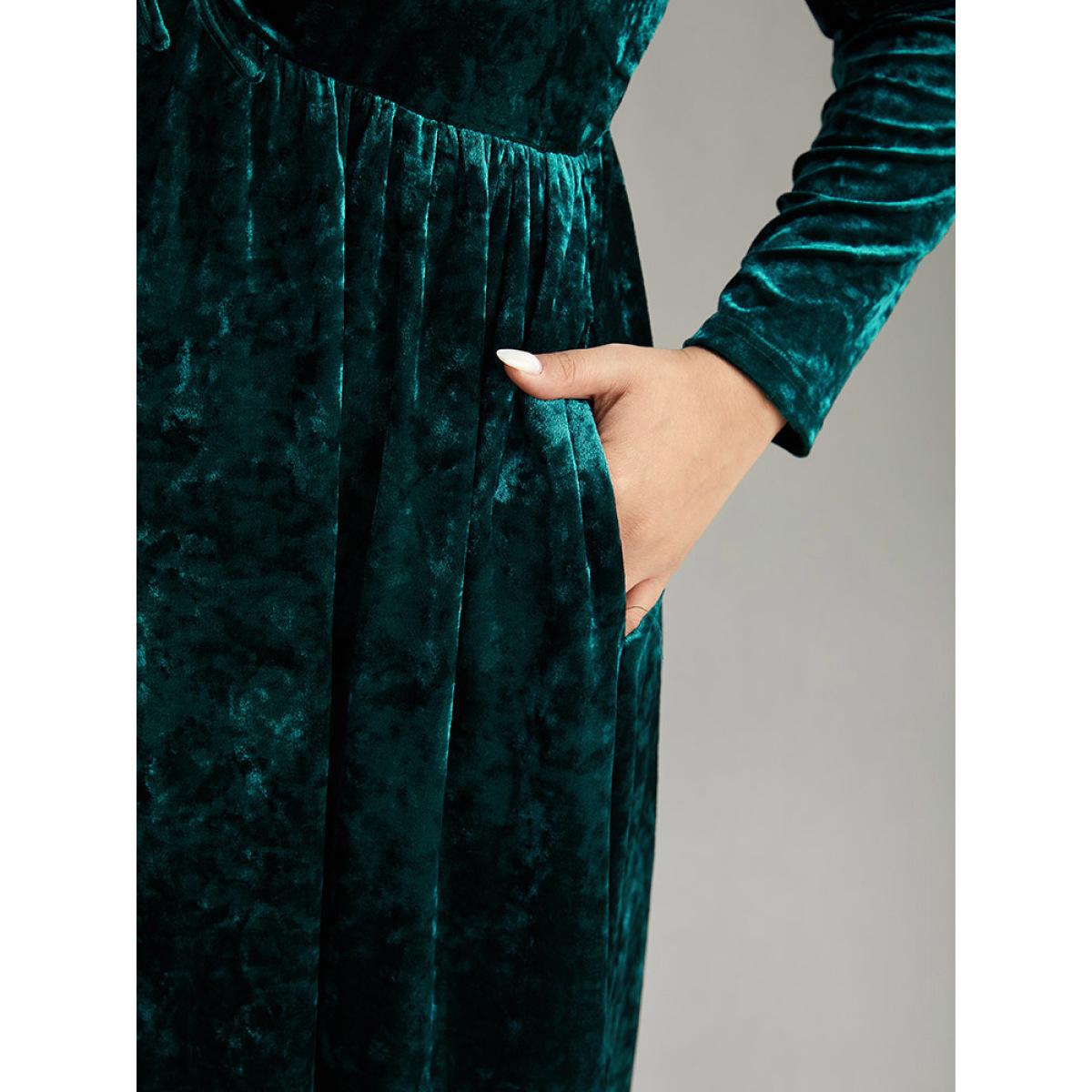 Plus Size Velvet Ruched Ties Pocket Square Neck Dress Teal Women Glamour Elastic cuffs Square Neck Long Sleeve Curvy Midi Dress BloomChic 18-20/2X Product Image