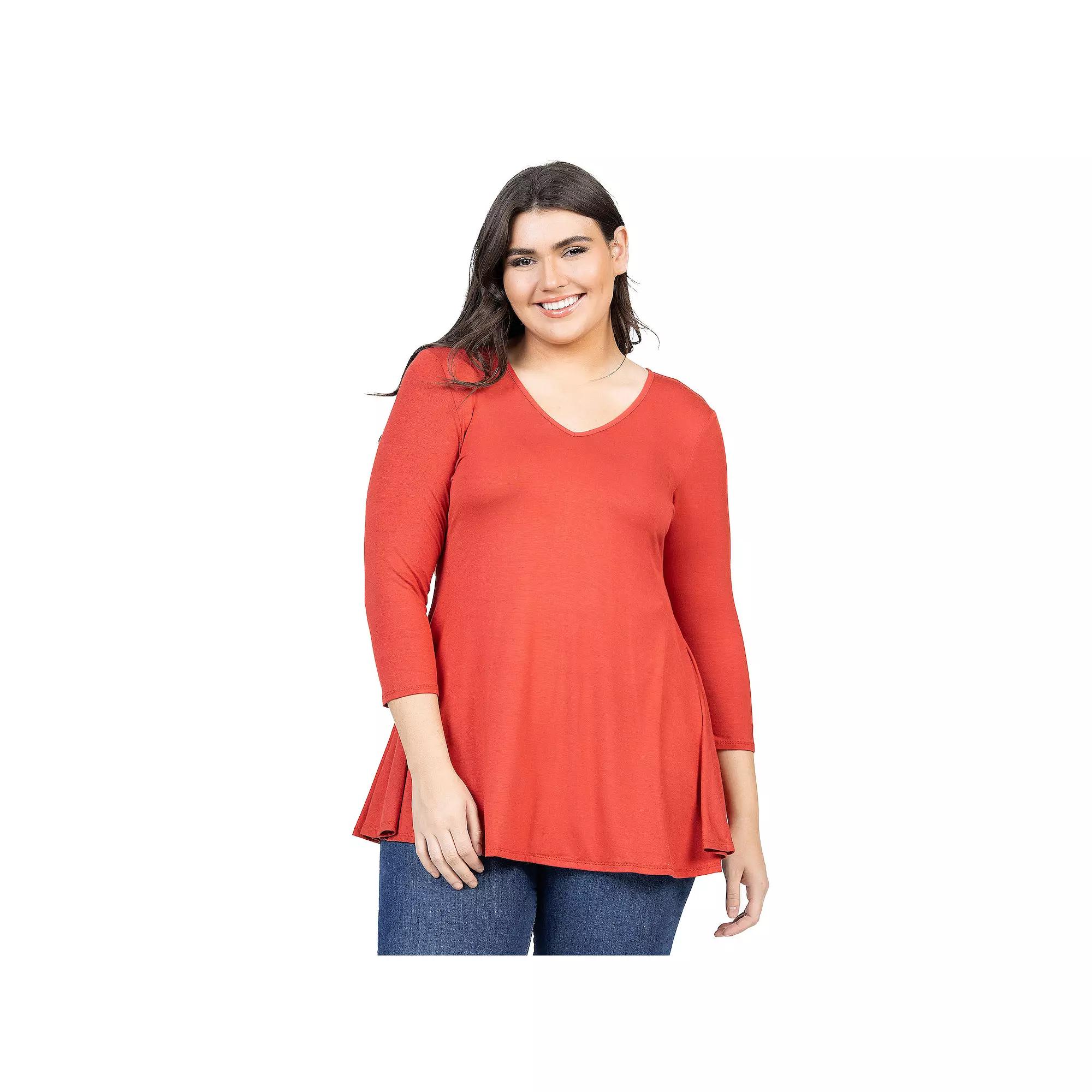 Plus Size 24Seven Comfort Apparel Quarter Sleeve V-Neck Tunic Top, Womens Green Product Image