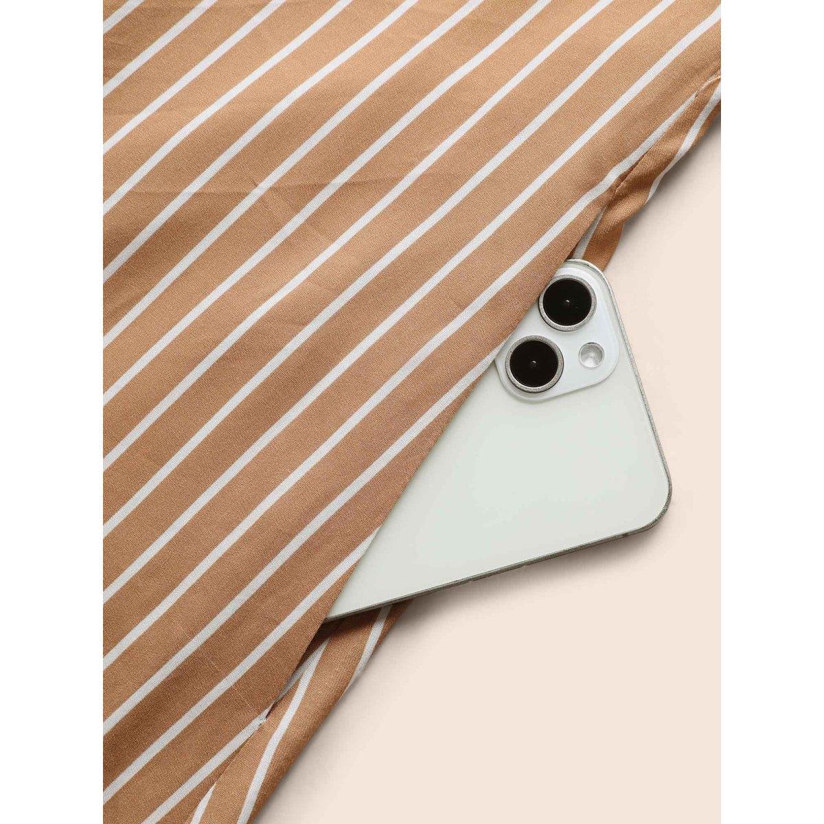 Plus Size Striped Shirt Collar Curved Hem Midi Dress LightBrown Women Workwear Essentials Belted Shirt collar Long Sleeve Curvy BloomChic 28/5X Product Image