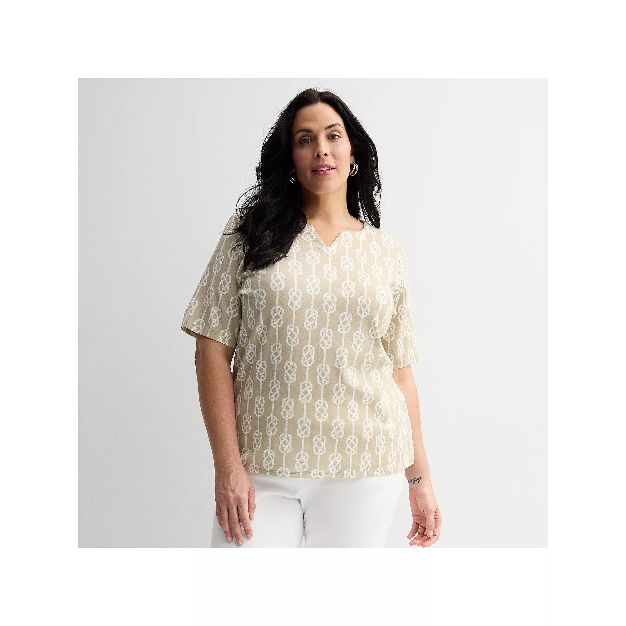Plus Size Croft & Barrow® Elbow Sleeve Split Neck Top, Women's, Size: 5XL, Beige Nautical Rope Product Image