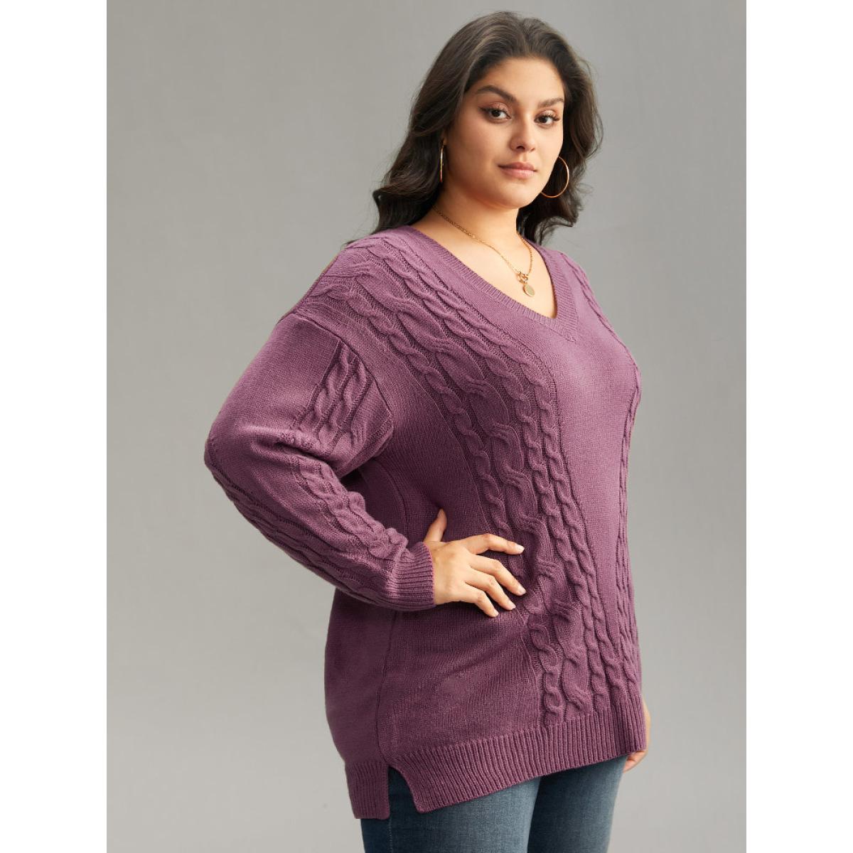 Plus Size Solid Cable Knit V Neck Split Side Pullover Mauve Women Casual Loose Long Sleeve V-neck Everyday Pullovers BloomChic 30/6X Product Image