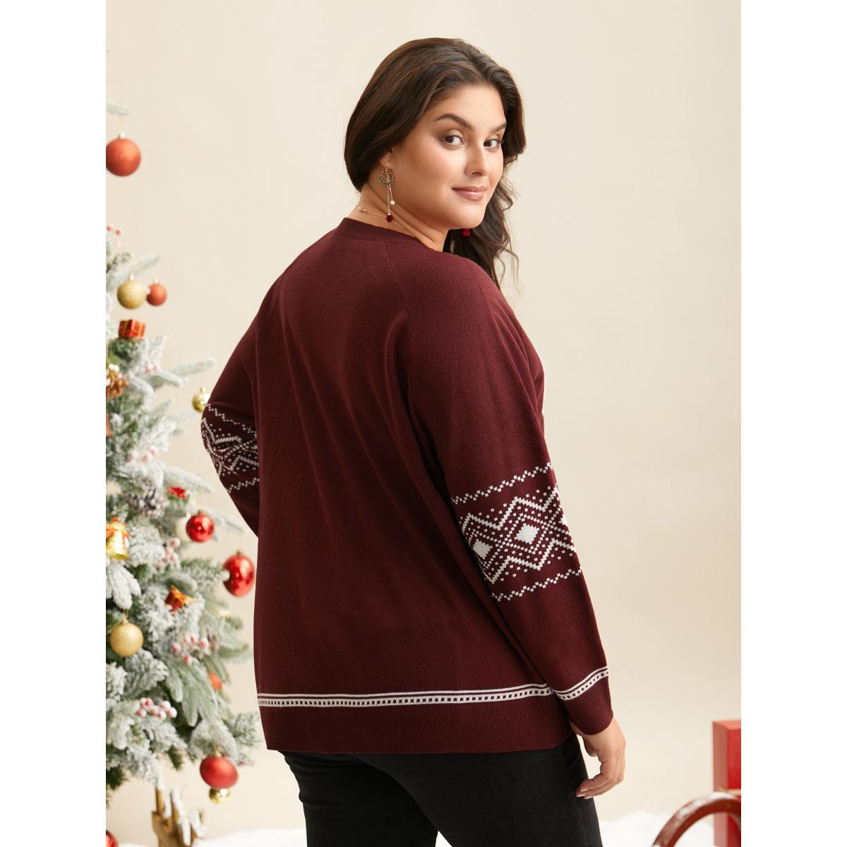 Plus Size Geo Reindeer Printed Sleeves Straight Fit Pullover Scarlet Women Casual Loose Long Sleeve Round Neck Everyday Pullovers BloomChic 12/L Product Image