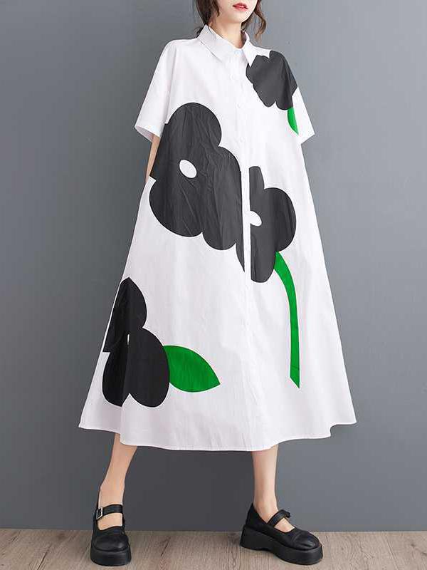 Loose Short Sleeves Buttoned Floral Printed Lapel Collar Midi Dresses Product Image