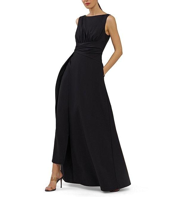 Kay Unger Palmer Walk Thru Sleeveless Crepe Boat Neck Pleat Detail Asymmetrical Waistband Jumpsuit Product Image